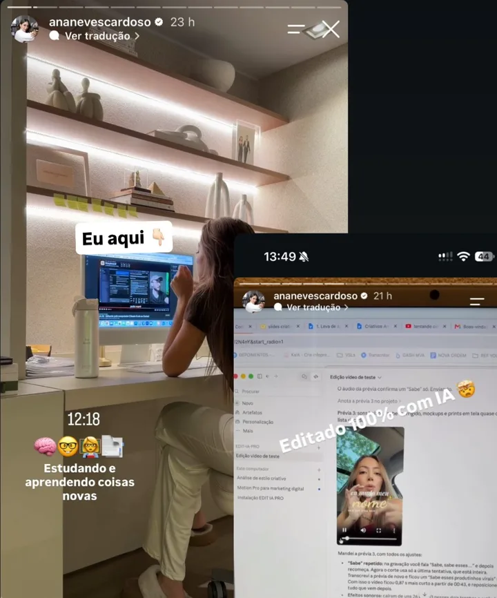Dwie relacje Any Neves Cardoso: ona przy komputerze, w trakcie nauki, oraz ekran Claude montujący wideo z EDIT.IA PRO, z napisem „Editado 100% com IA” (zmontowane w 100% przez AI).
